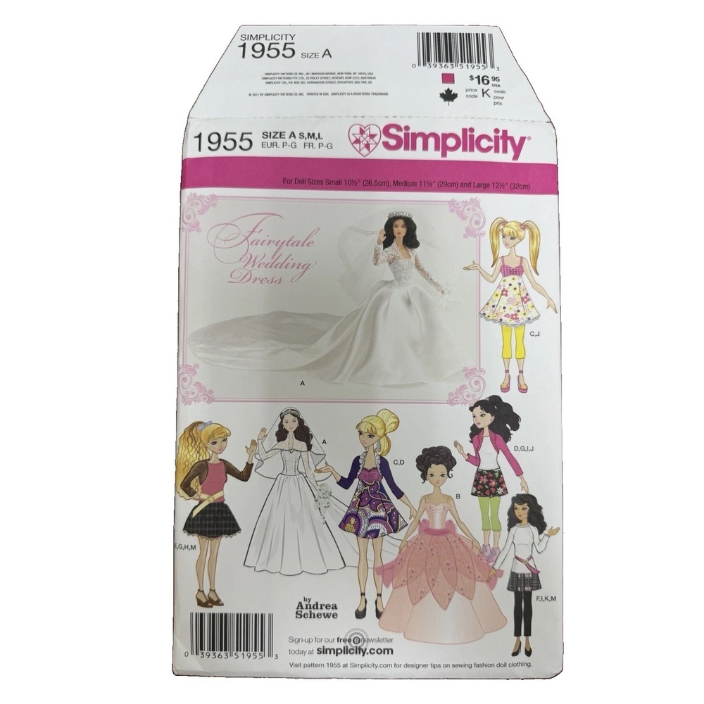 Simplicity 1955 Fashion Doll Clothes Pattern UNCUT Wedding Dress Barbie Size